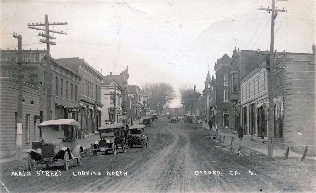 View of Main Street, Oxford, Iowa, looking north, circa 1915.